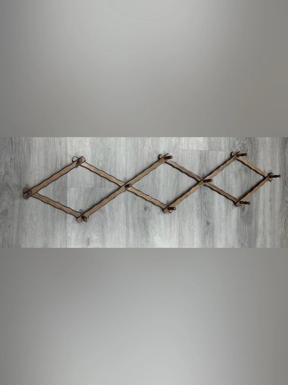 Vintage Dark Wood Accordion Wall Rack - Expandable Peg Rack - 10 Pegs - 50” Max